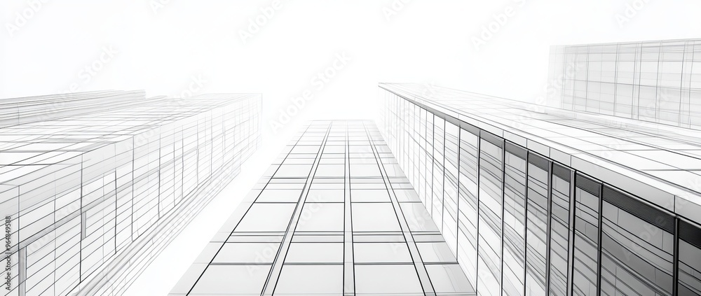 Buildings in a 3D perspective are illustrated in abstract architectural line art