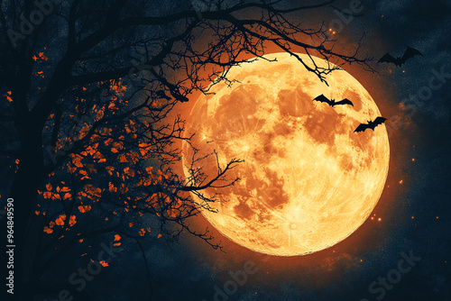 Full Moon with Creepy Tree Silhouettes and Bats Flying for a Spooky Halloween Night Illustration photo