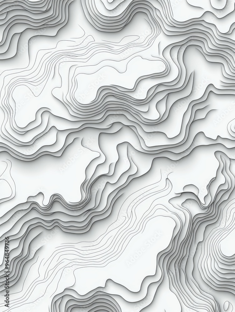 A line art illustration with a 3D topographic map with abstract representations of hills valleys and mountains set against a wavy background. A line art illustration with a 3D topographic map with abstract representations of hills valleys and mountains set against a wavy background.