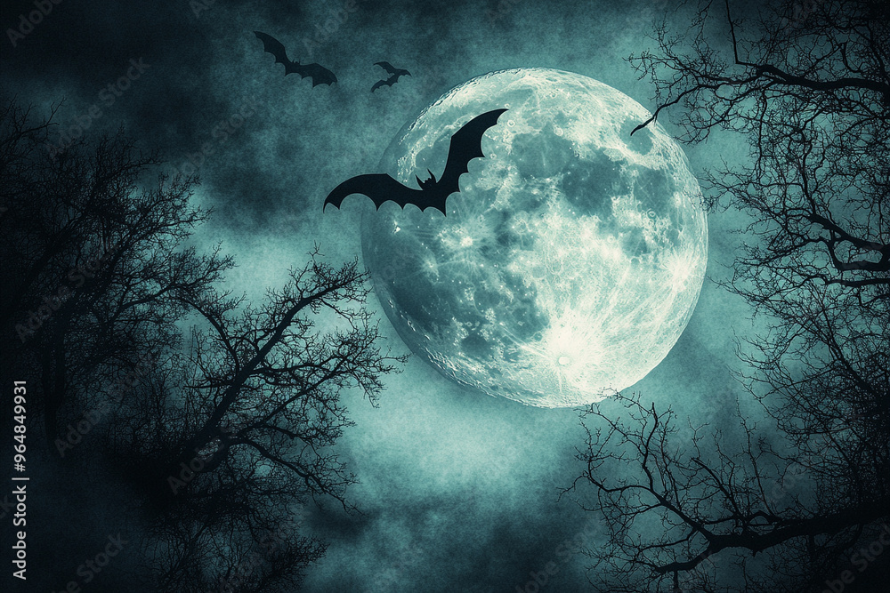 Naklejka premium Full Moon with Creepy Tree Silhouettes and Bats Flying for a Spooky Halloween Night Illustration