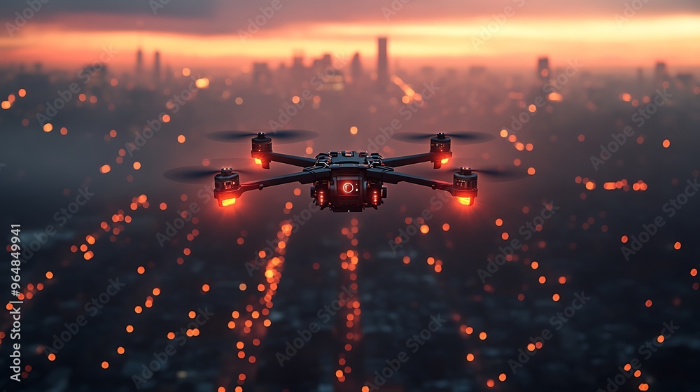 A black drone with red lights flying over a city at sunset. A black drone with red lights flying over a city at sunset.