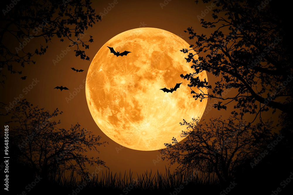 Full Moon with Creepy Tree Silhouettes and Bats Flying for a Spooky Halloween Night Illustration