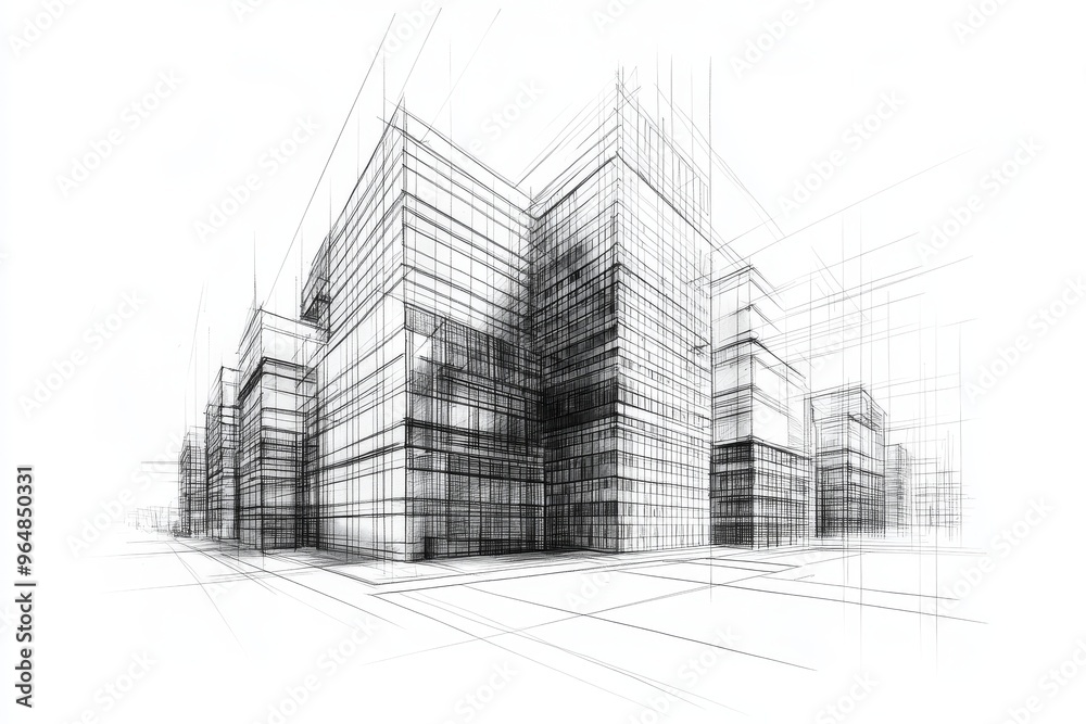 A line art illustration depicting a 3D representation of an urban environment A line art illustration depicting a 3D representation of an urban environment