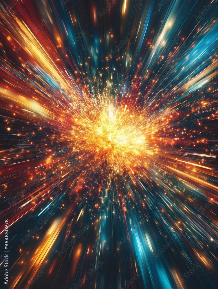 An explosive star design is featured on an abstract multicolored background An explosive star design is featured on an abstract multicolored background