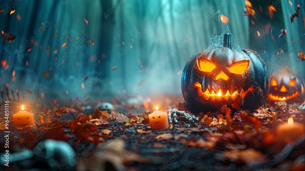 Fototapeta premium Eerie Halloween banner set in a foggy forest, featuring glowing sinister jack-o-lanterns, burning candles, dried leaves, bones, and space for text.