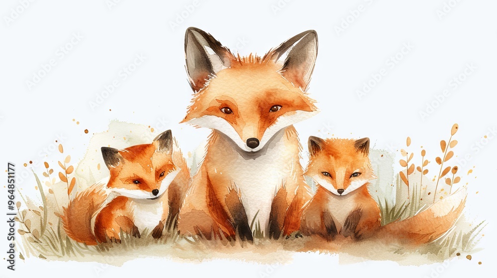 Obraz premium watercolor illustration of an adorable woodland fox family, perfect for prints and card designs.
