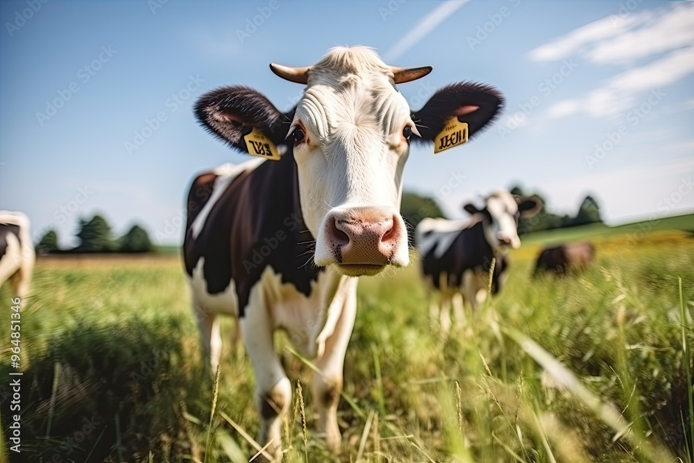 Curious cow grazes in natural summer green field, Curious cow grazes in natural summer green field,