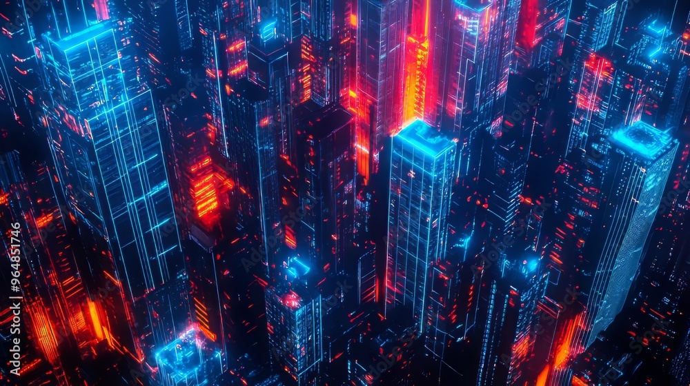 A vivid neon glow is featured throughout this abstract 3D illustration of a night skyline A vivid neon glow is featured throughout this abstract 3D illustration of a night skyline