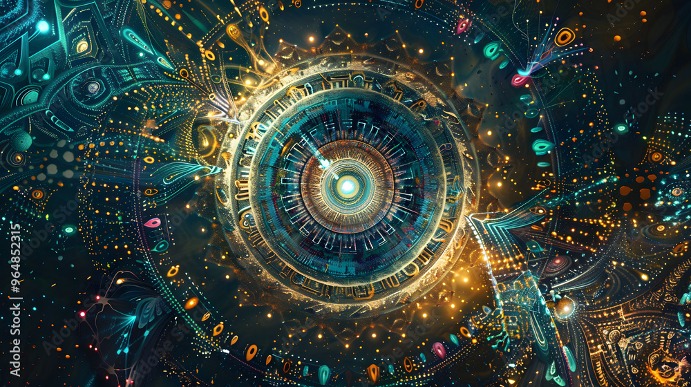 Obraz premium Psychedelic mandala artwork spiraling into complex integrated circuits and sacred geometry blending with digital algorithms 