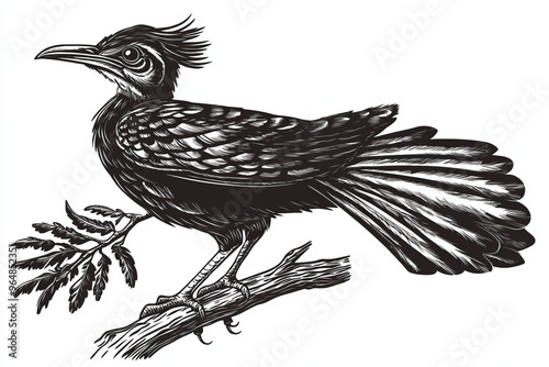 Illustration of an umbrellabird with two unique feather crests made from a vintage line drawing or engraving photo