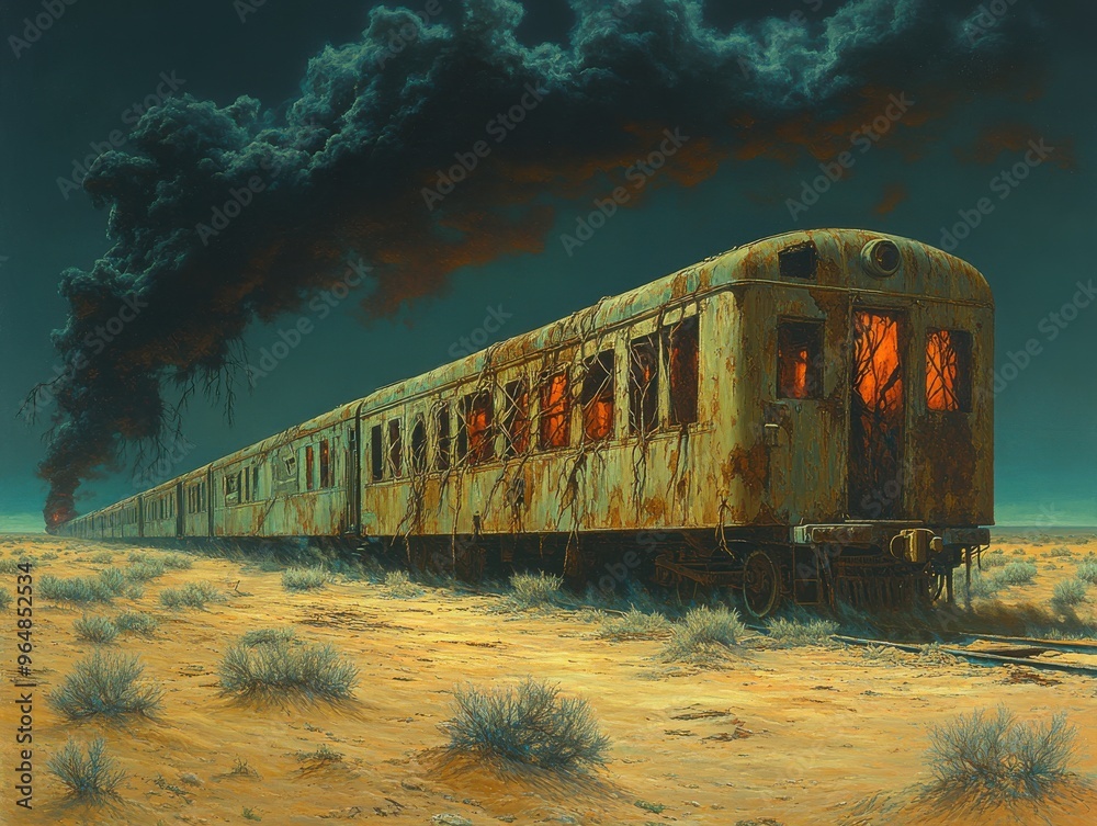 Eerie Abandoned Train in Desert with Smoke Rising and Glowing Windows â€“ Mysterious Dystopian Landscape Painting