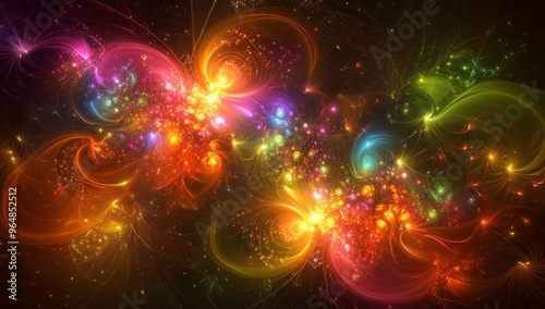 Abstract multicolor background with glossy effects and intricate lines featuring fractal explosions