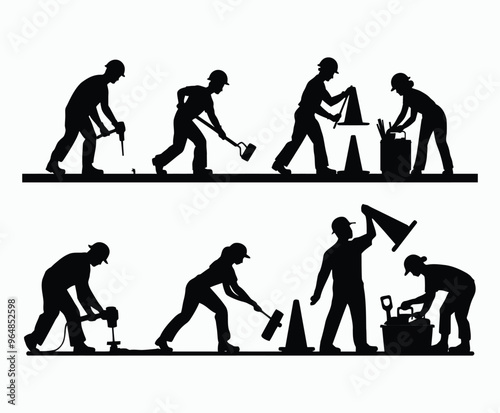 Vector silhouette of road workers or laborers construction illustration template