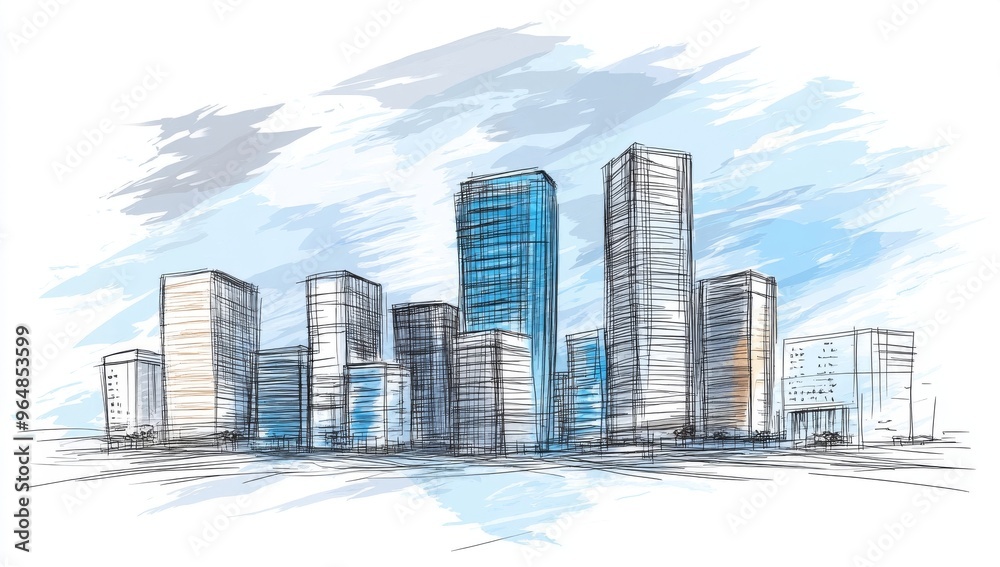 Fototapeta premium A skyline with a blue building concept suitable for presentations, banners, and websites.