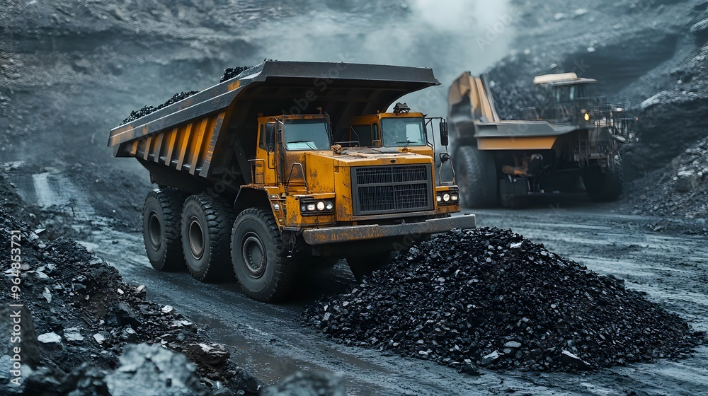 A giant mining truck tilting its bed to unload tons of coal into a processing area, with black coal spilling out and machinery working in the background. A giant mining truck tilting its bed to unload tons of coal into a processing area, with black coal spilling out and machinery working in the background.