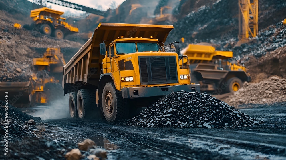 A giant mining truck tilting its bed to unload tons of coal into a processing area, with black coal spilling out and machinery working in the background. 