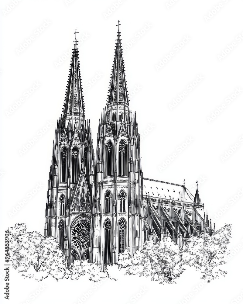Fototapeta premium Illustration of Gothic architecture with medieval elements in a vintage drawing or engraving style