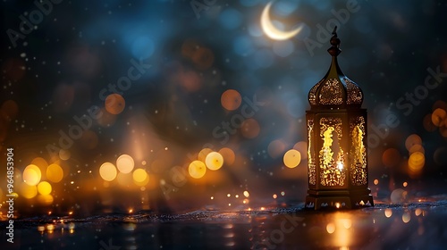 Ramadan Lantern with Crescent Moon and Bokeh Lights