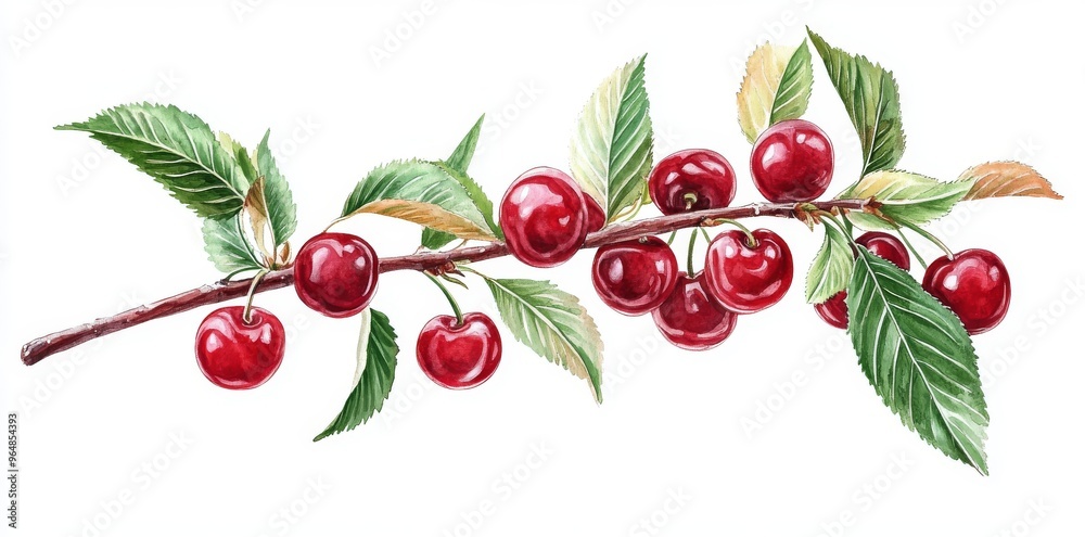 Illustration of cherries with green leaves on a white background featuring botanical garden elements and a square frame border in red and green engraving Illustration of cherries with green leaves on a white background featuring botanical garden elements and a square frame border in red and green engraving