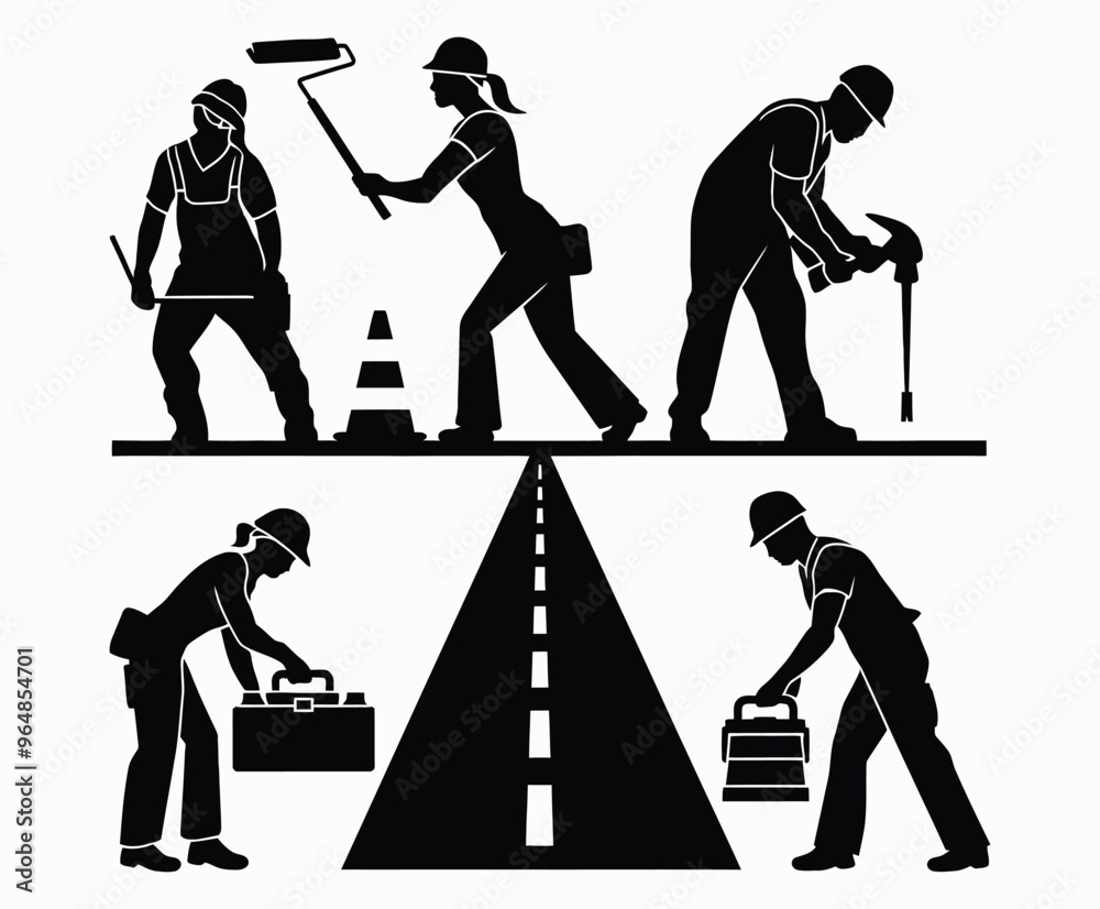 Obraz premium Vector silhouette of road workers or laborers construction illustration template