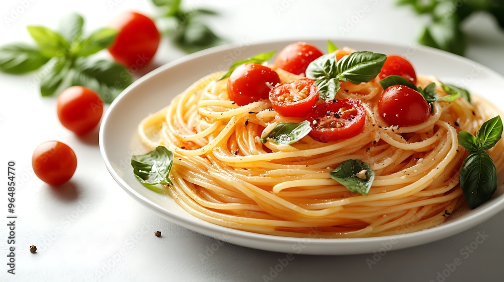 A plate of spaghetti with cherry tomatoes, basil, and black pepper. A plate of spaghetti with cherry tomatoes, basil, and black pepper.