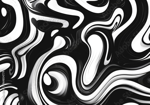 Illustration featuring distorted and warped geometric patterns in black and white