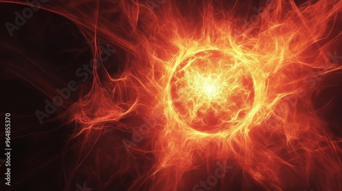 An abstract illustration with glossy effects and intricate lines featuring fractal explosion stars on a red background