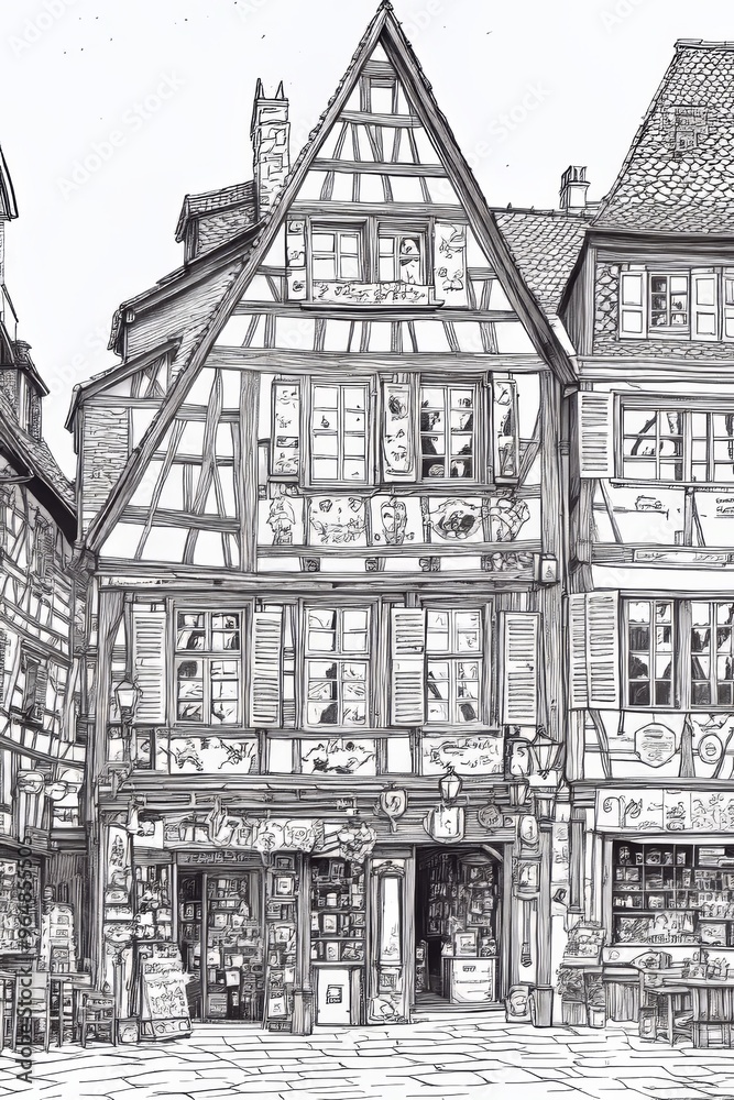 Fototapeta premium This illustration shows a vibrant shopping street filled with shops that are popular among young people because of its creative atmosphere and culture