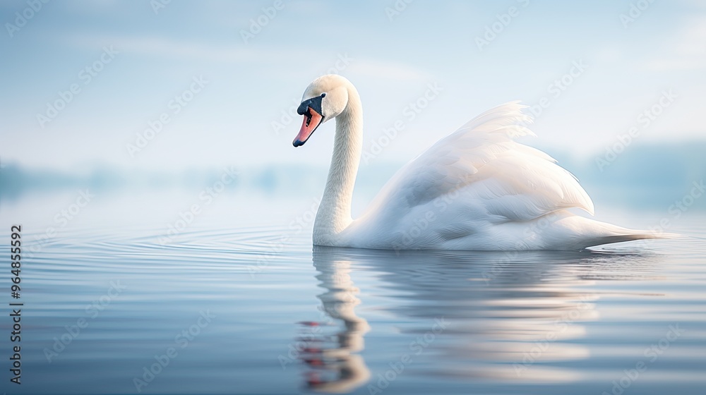 Elegant swan on calm lake, smooth glide, symmetrical reflection, meditative ambience. Elegant swan on calm lake, smooth glide, symmetrical reflection, meditative ambience.