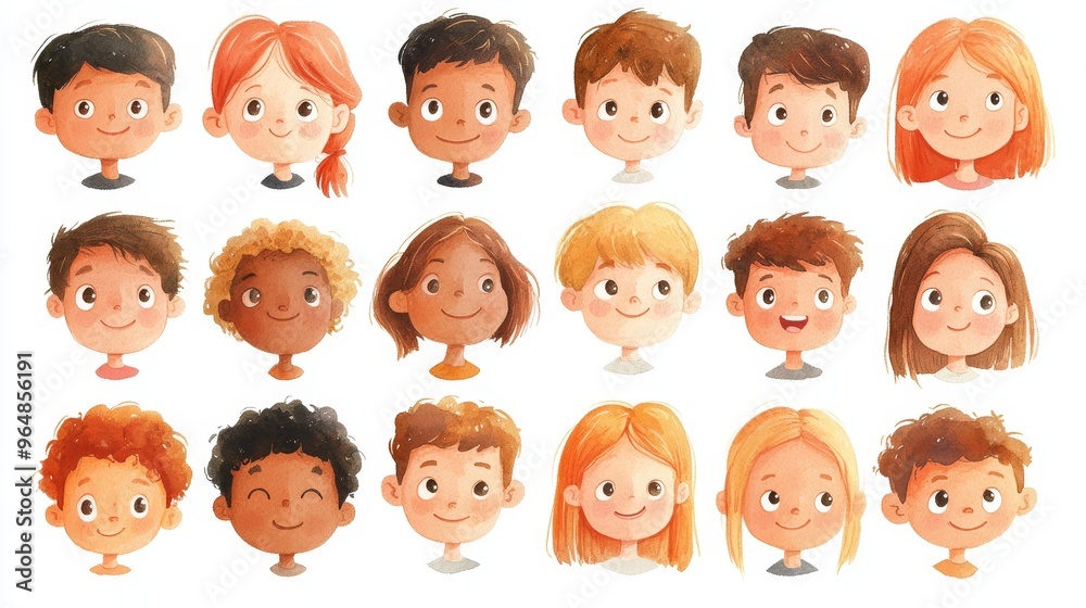Cute cartoon human faces collection on white background. Cartoon faces set Cute cartoon human faces collection on white background. Cartoon faces set