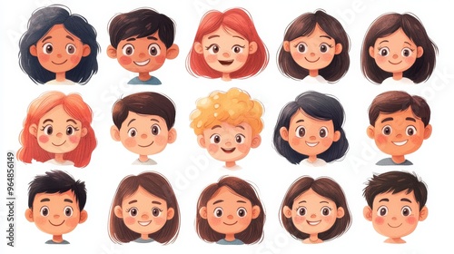 Cute cartoon human faces collection on white background. Cartoon faces set