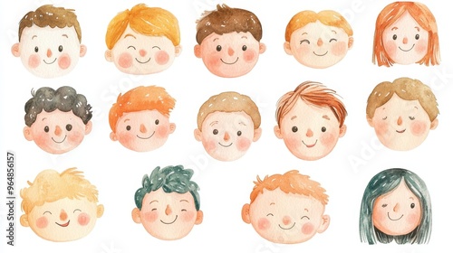 Cute cartoon human faces collection on white background. Cartoon faces set