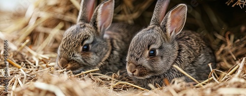 two Young rabbits without fur are resting in straw, fluffy eater concept.
