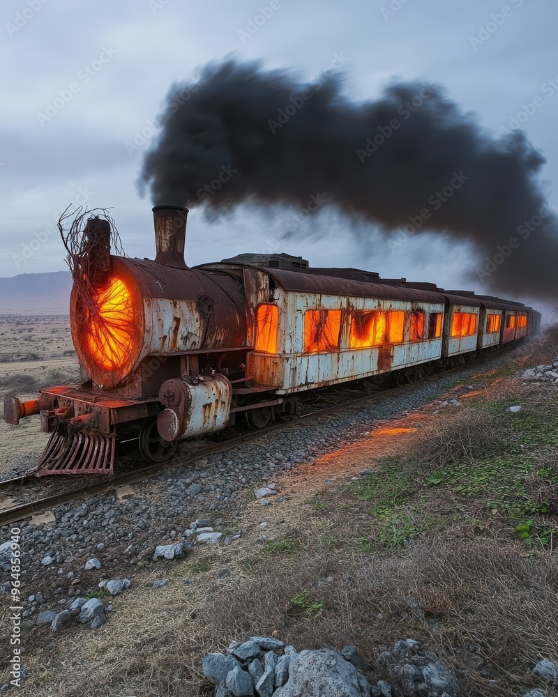 Obraz premium Rusty abandoned train engulfed in flames with thick black smoke in desert landscape, evoking a scene of decay and destruction