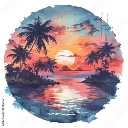 beautiful sunset of tropical island vector illustration in watercolor style