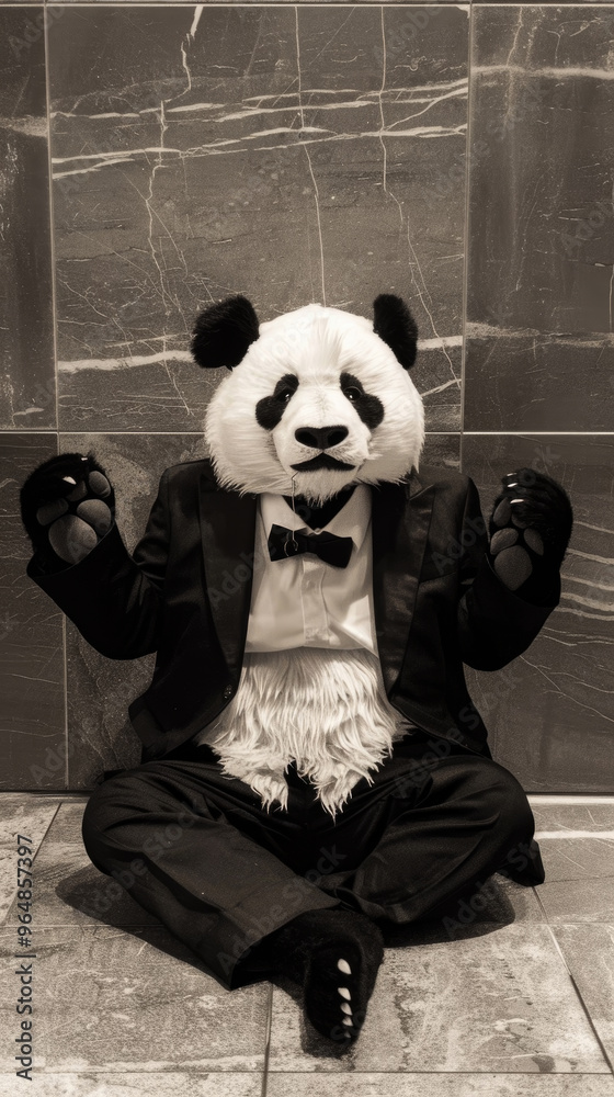 A panda dressed in formal attire sits cross-legged, striking a playful pose in a stylish indoor location at night A panda dressed in formal attire sits cross-legged, striking a playful pose in a stylish indoor location at night