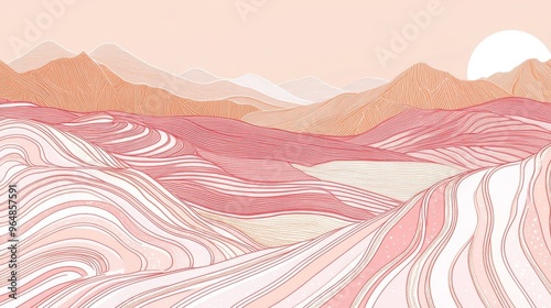 During sunset, terraced rice fields are illustrated in line art