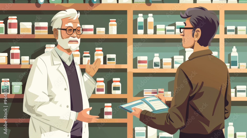 A pharmacist discusses medication options with a customer in a modern pharmacy filled with various products A pharmacist discusses medication options with a customer in a modern pharmacy filled with various products