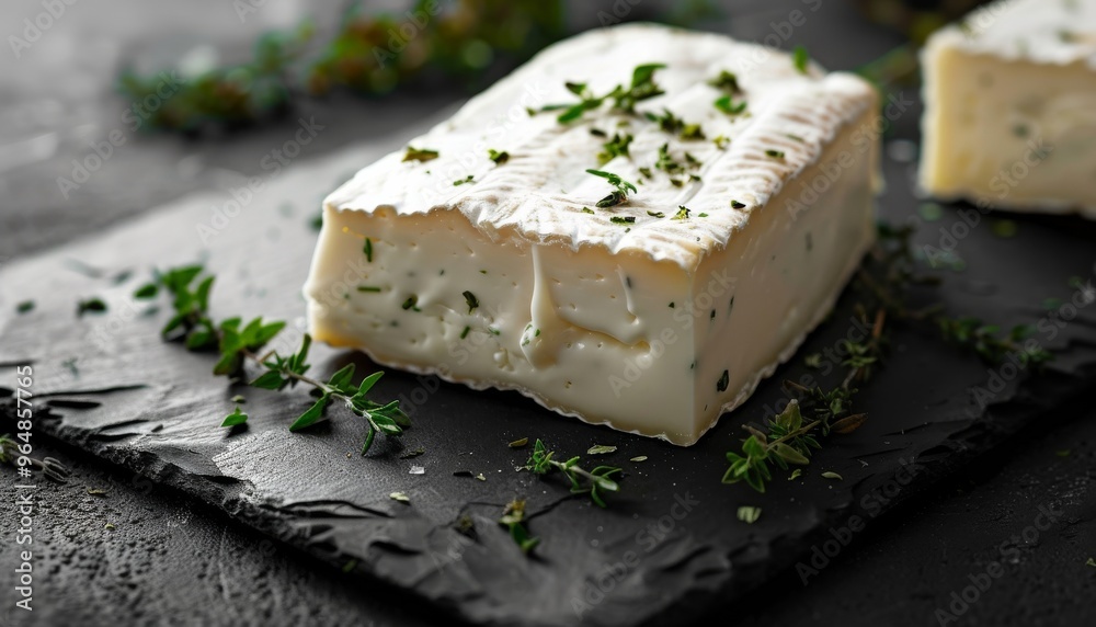 Munster cheese garnished with herbs on black stone plates, with a dark background enhancing Munster cheese garnished with herbs on black stone plates, with a dark background enhancing