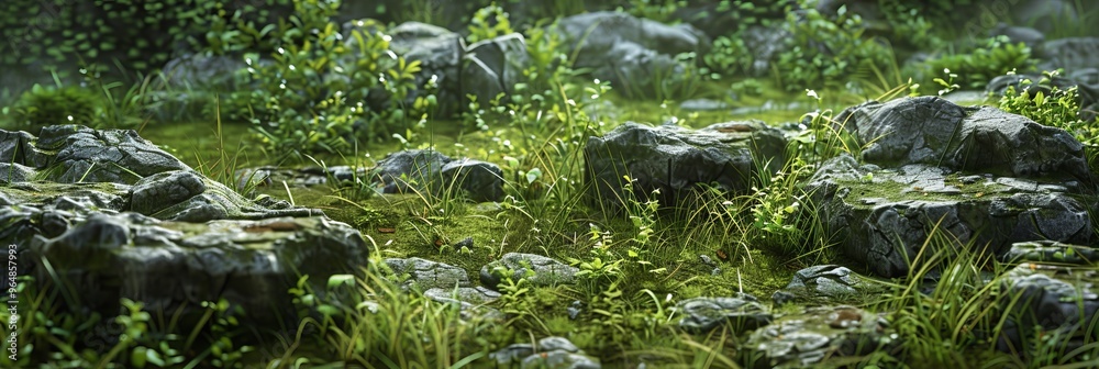 Gaming backdrop with 2D game level elements: lush green grass, colorful flowers, and sturdy rocks Gaming backdrop with 2D game level elements: lush green grass, colorful flowers, and sturdy rocks