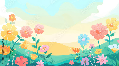 A vibrant array of flowers blooms in a peaceful field beneath a bright sky filled with soft clouds during daytime photo