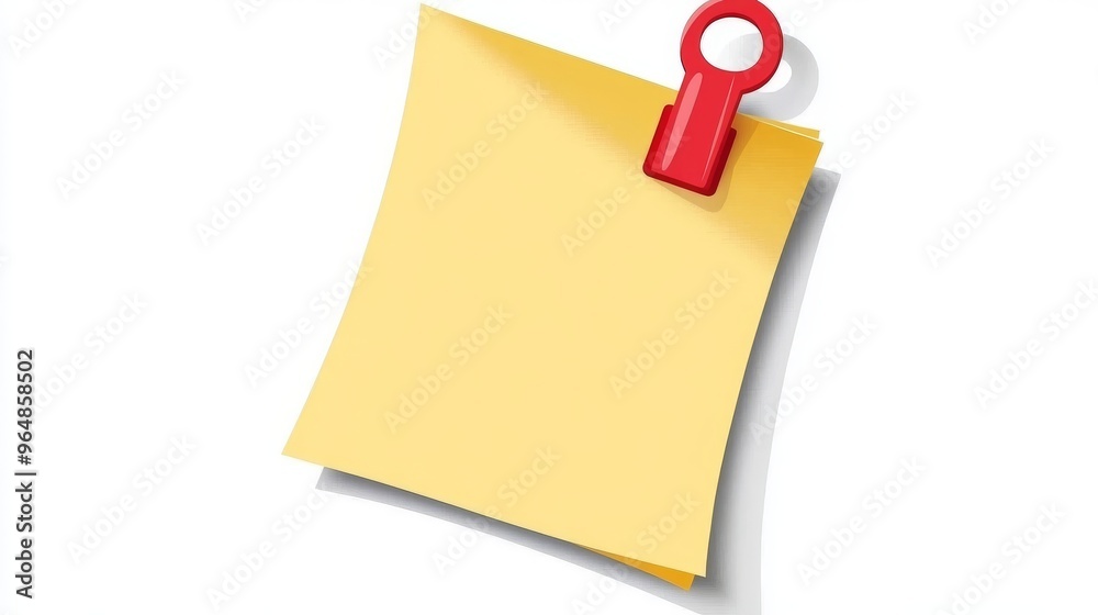 The sticky note has a yellow background and a red clamp The sticky note has a yellow background and a red clamp