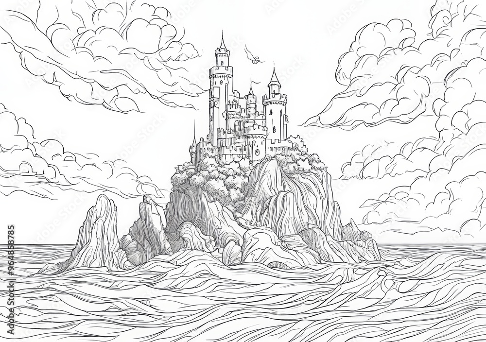 Seascape illustration with a fortress perched on a rock, displaying intricate details in classic art style Seascape illustration with a fortress perched on a rock, displaying intricate details in classic art style