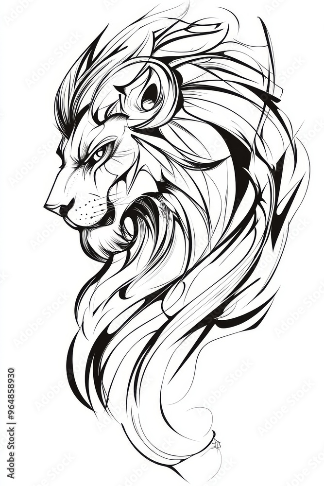 Obraz premium Vintage line art illustration of a majestic lion's face