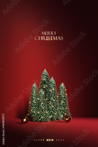 Small Christmas trees decoration with lights and Merry Christmas text on red background. Christmas greeting card design. 3D Rendering, 3D Illustration
