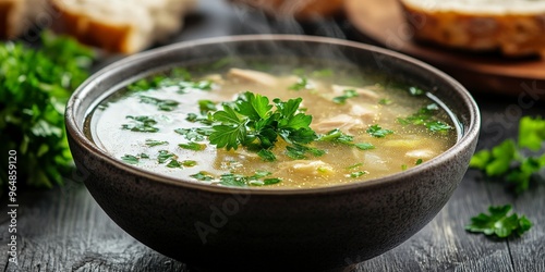 Steaming Chicken Broth with Fresh Parsley on Rustic Table