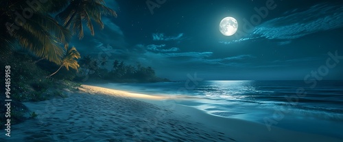 Tranquil beach scene with palm trees and a full moon shining brightly in the night sky.