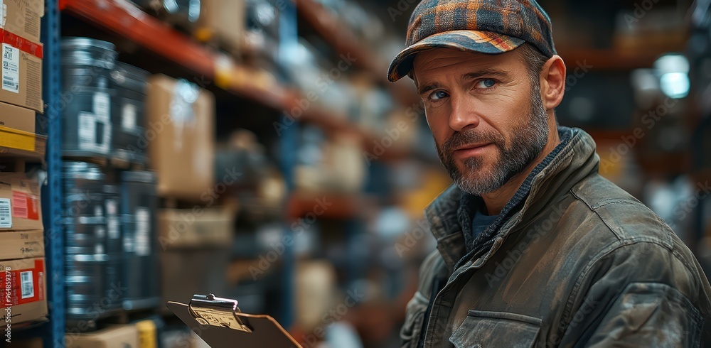 A warehouse worker with a tablet in hand taking notes, against a backdrop of a lighted warehouse A warehouse worker with a tablet in hand taking notes, against a backdrop of a lighted warehouse