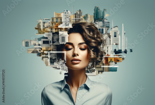 woman's face is seamlessly integrated with architectural elements, symbolizing the complex structure of female thinking.