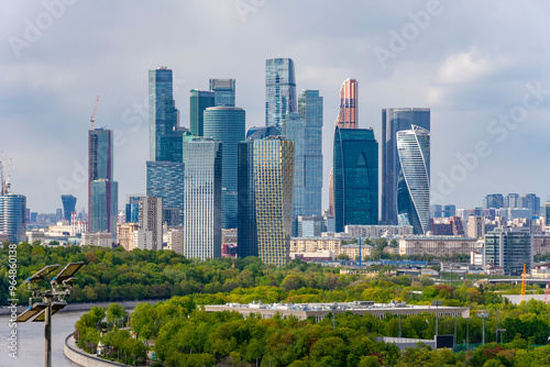 Skyscrapers of Moscow city seen from Sparrow mountains, Russia